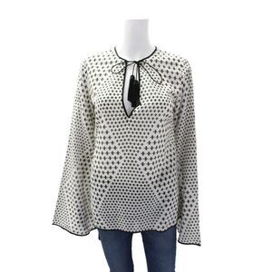 Talitha Womens Silk Geometric Print Bell Sleeve Tassel Trim Blouse White Size M